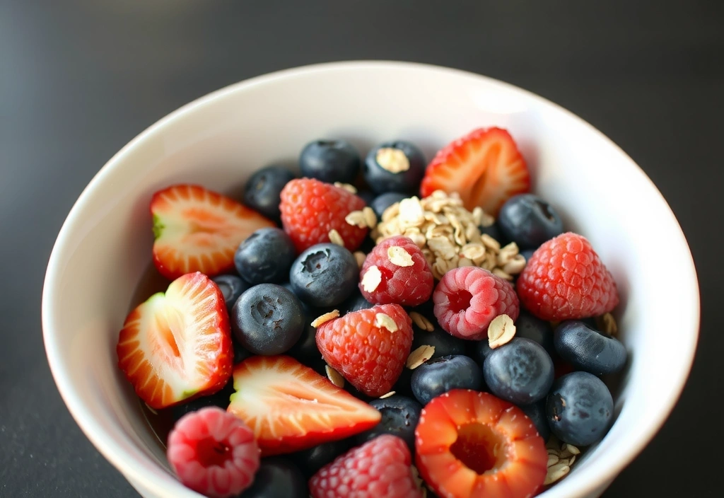 Eine Schale mit frischen Beeren und Haferflocken, die ein gesundes Frühstück symbolisiert.